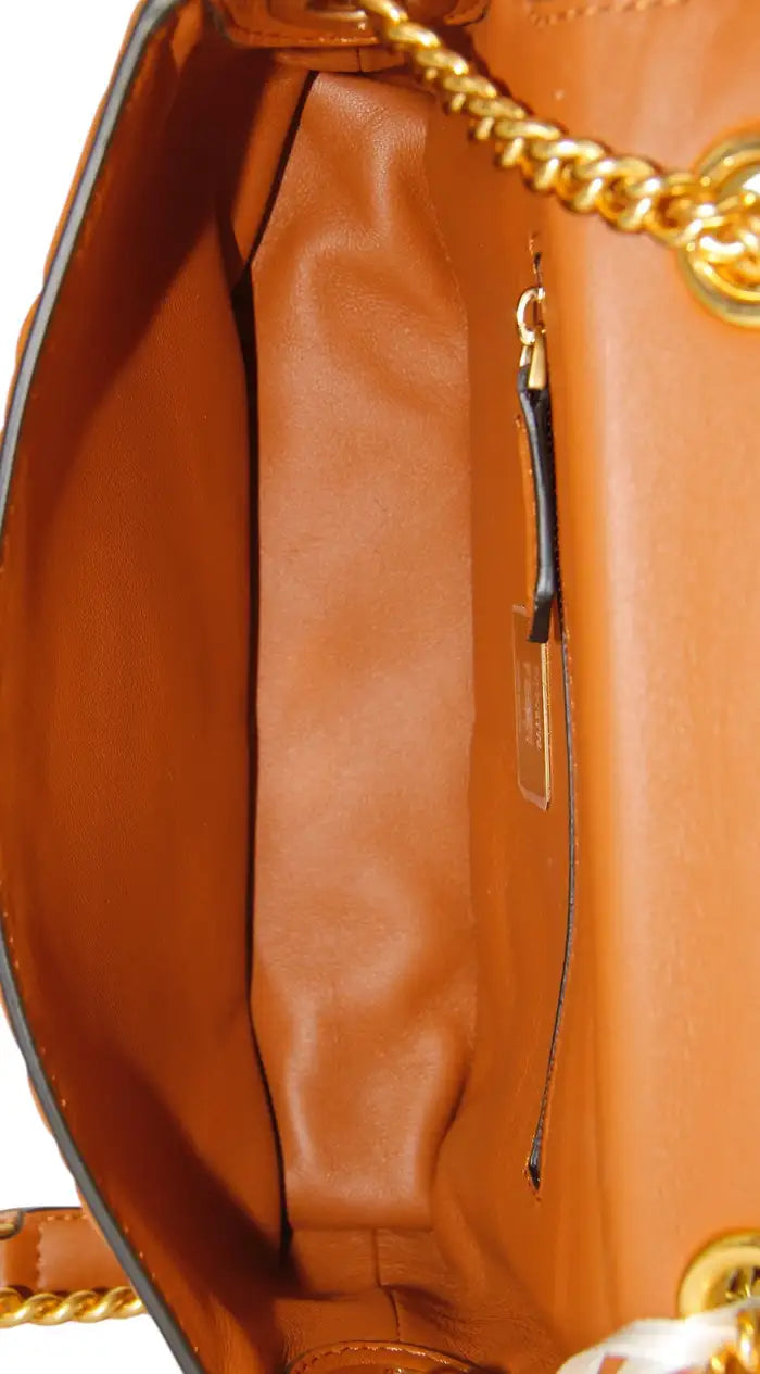 Fendi Brown Nappa Leather Embossed Baguette Chain Midi Crossbody Bag