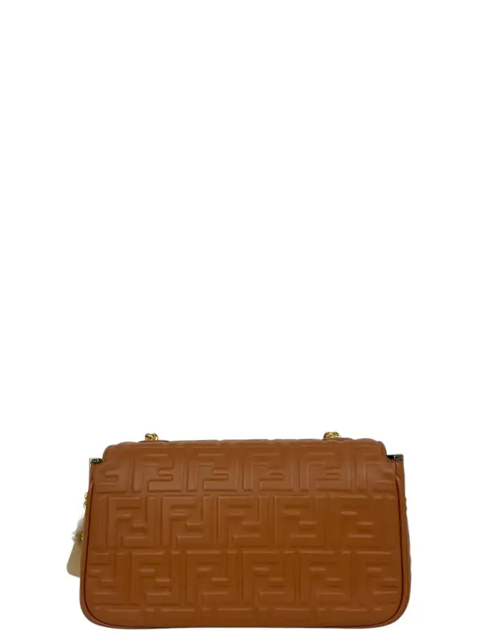 Fendi Brown Nappa Leather Embossed Baguette Chain Midi Crossbody Bag