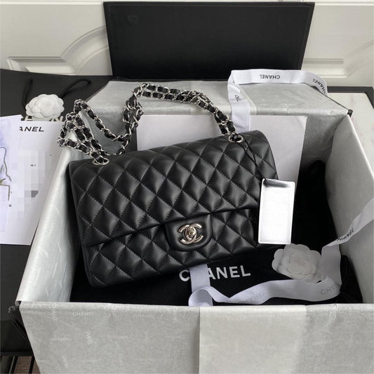 Chanel Classic Double Flap Medium Black Lambskin Silver Hardware