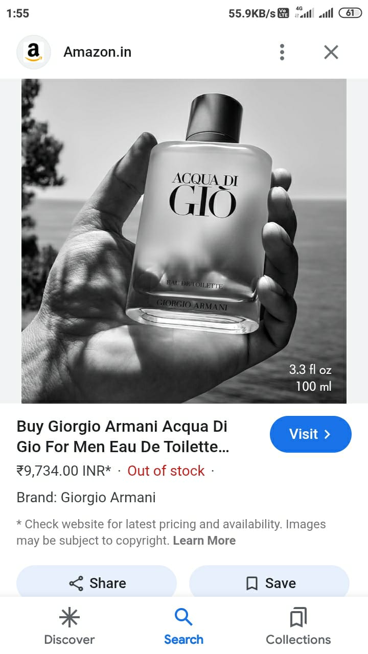 Giorgio Armani Acqua Di Gio For Men Eau De Toilette Spray, 100ml - Fresh Floral Sweet Pea Jasmine