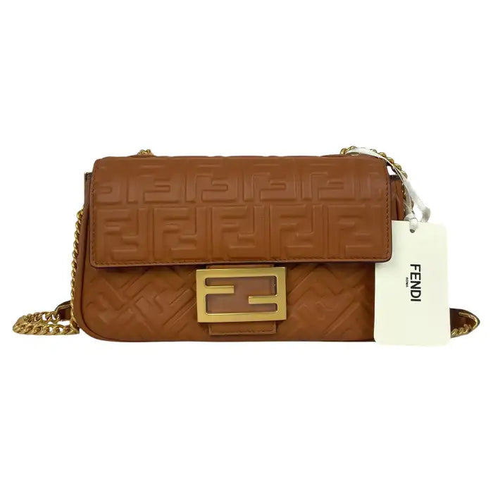 Fendi Brown Nappa Leather Embossed Baguette Chain Midi Crossbody Bag