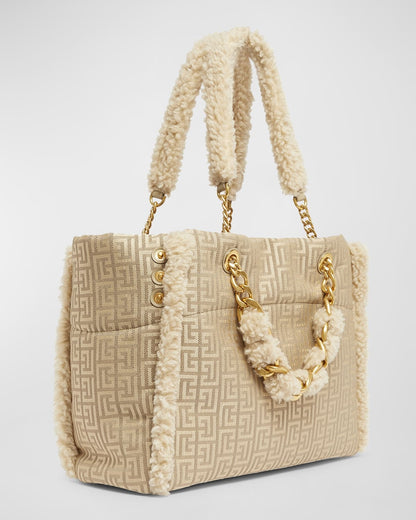 Balmain 1945 Soft Cabas Tote Bag In Jacquard With Shearling
