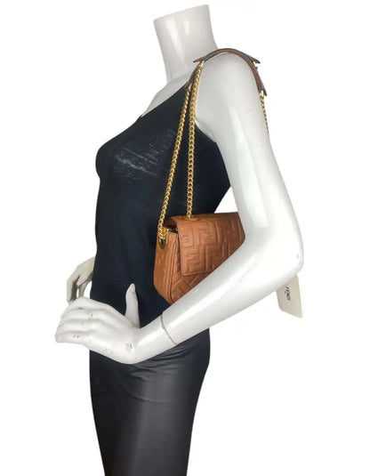 Fendi Brown Nappa Leather Embossed Baguette Chain Midi Crossbody Bag