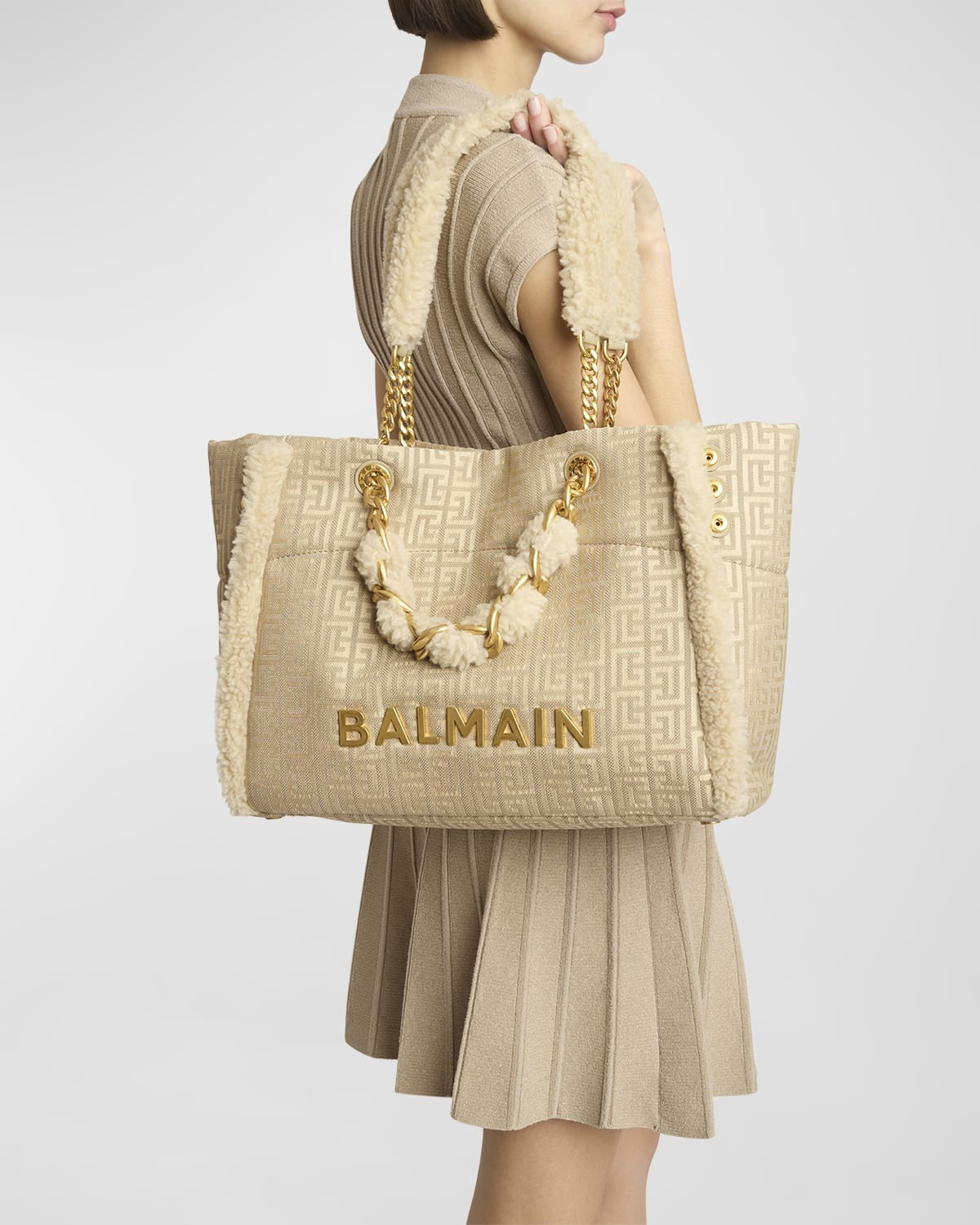 Balmain 1945 Soft Cabas Tote Bag In Jacquard With Shearling