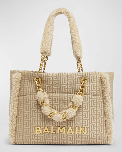 Balmain 1945 Soft Cabas Tote Bag In Jacquard With Shearling