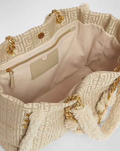 Balmain 1945 Soft Cabas Tote Bag In Jacquard With Shearling