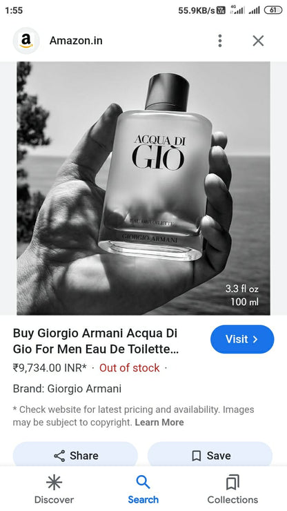 Giorgio Armani Acqua Di Gio For Men Eau De Toilette Spray, 100ml - Fresh Floral Sweet Pea Jasmine